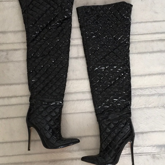 Black Quilted Over-the-Knee Stilettos Boots pointed toe Size 7 - Picture 6 of 10